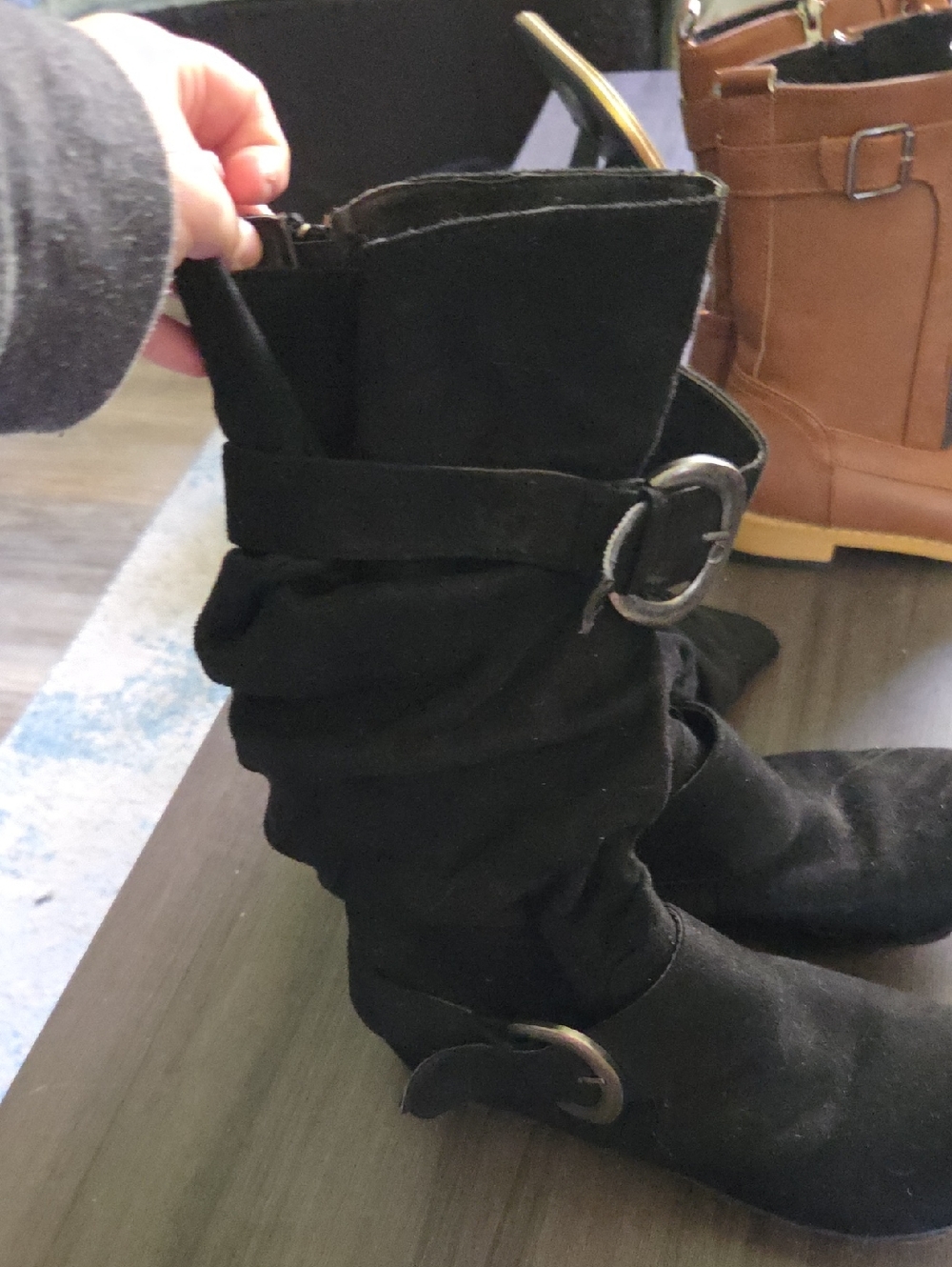 Black Slouchy Buckle Suede-Look Mid-Calf Boots